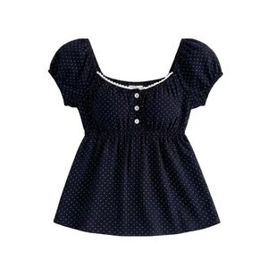 Navy Blue Polka Dot Smocked Empire Waist Peplum Blouse Square Neck Puff Sleeve